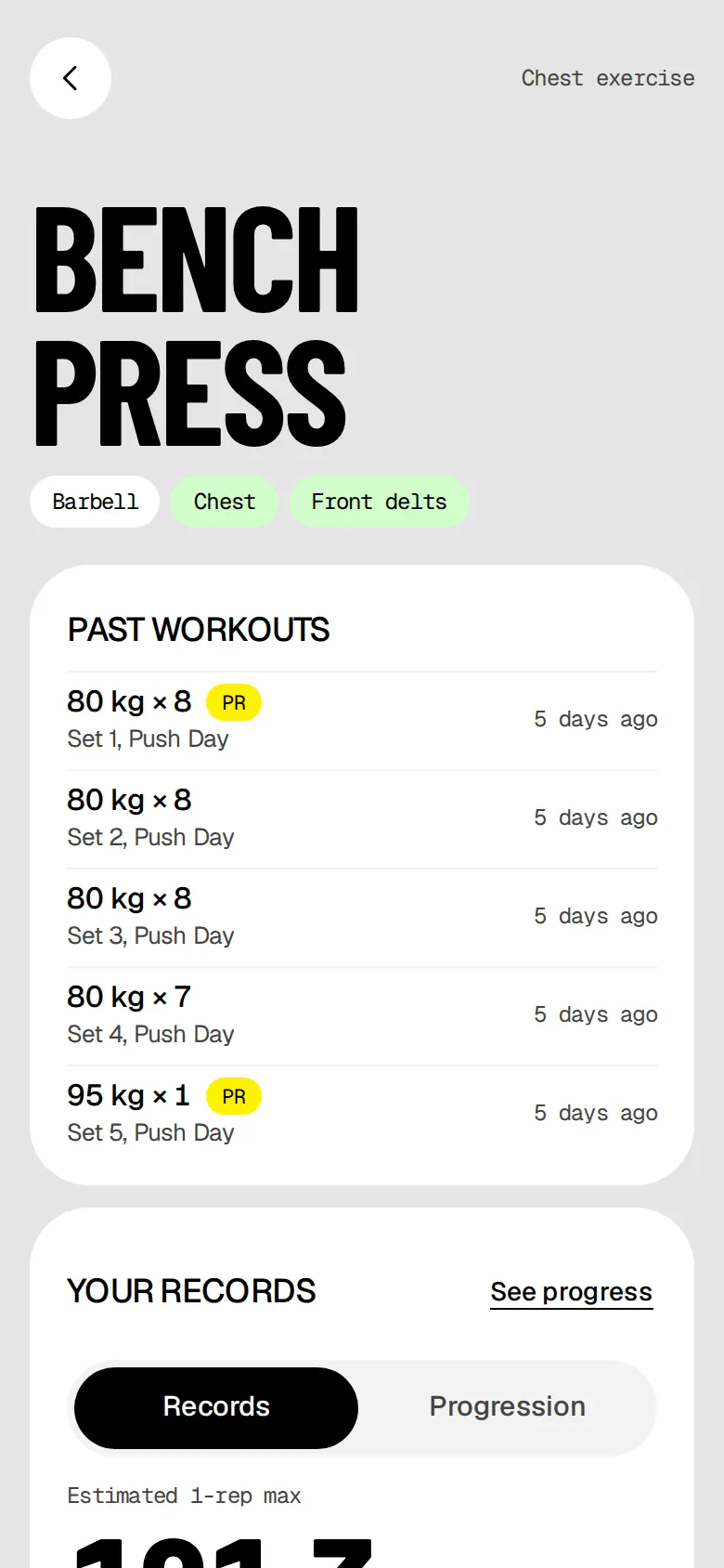 The Bench Press exercise page: equipment and muscles, then past workouts with PR tags.
