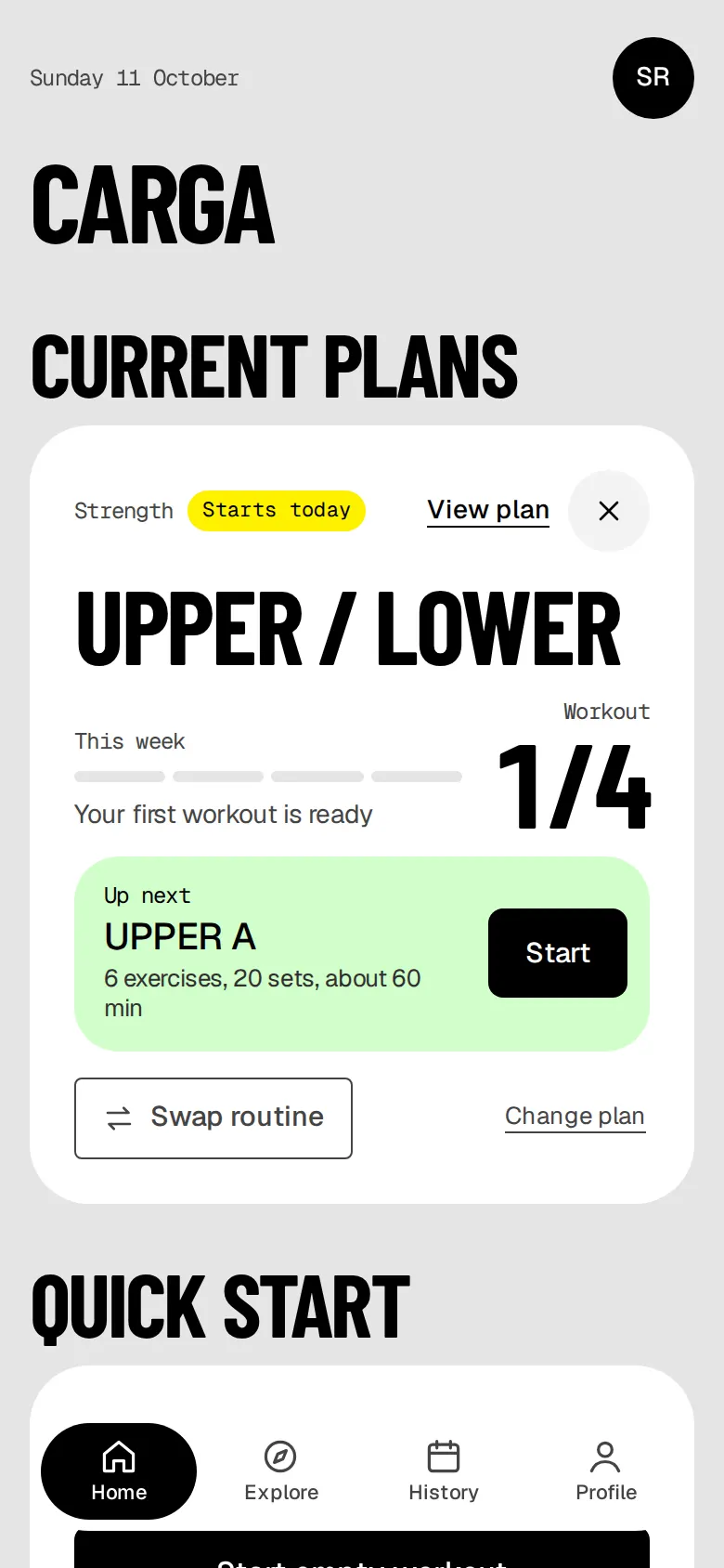 Carga's Home screen: the Upper / Lower plan, workout 1 of 4 this week, with Upper A up next.