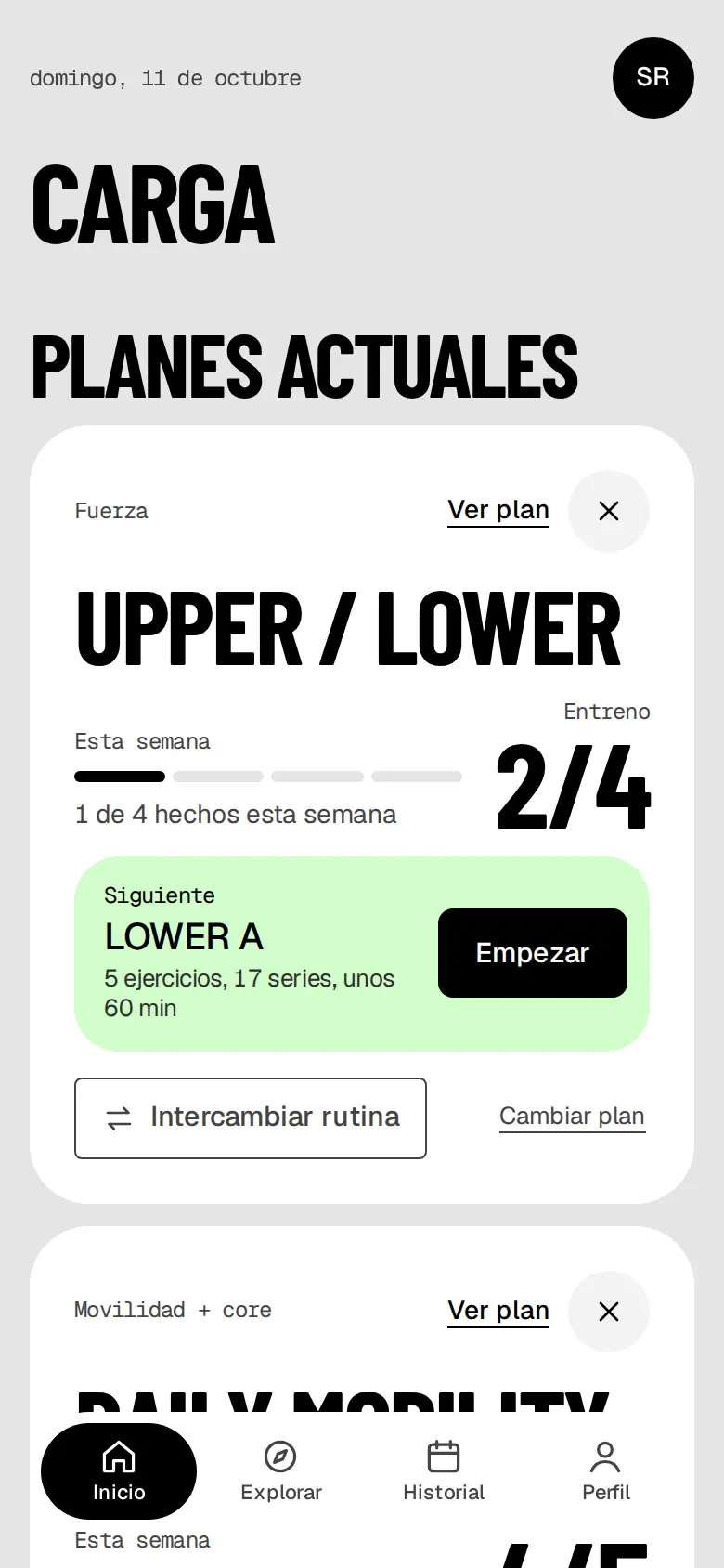 Carga's Home screen in Spanish, with Planes actuales at the top.