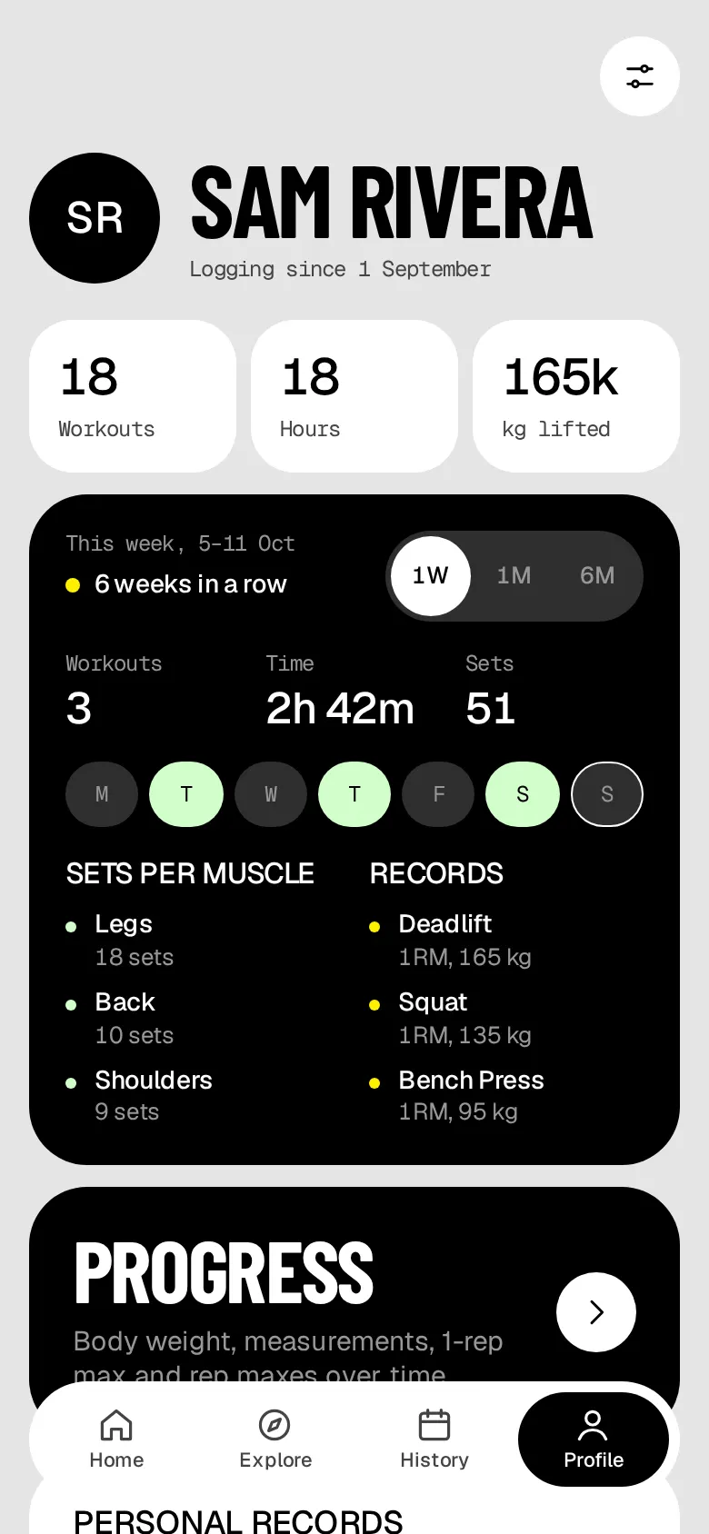 Profile with this week at a glance: 3 workouts, 2 h 42 min, 51 sets, sets per muscle and records.