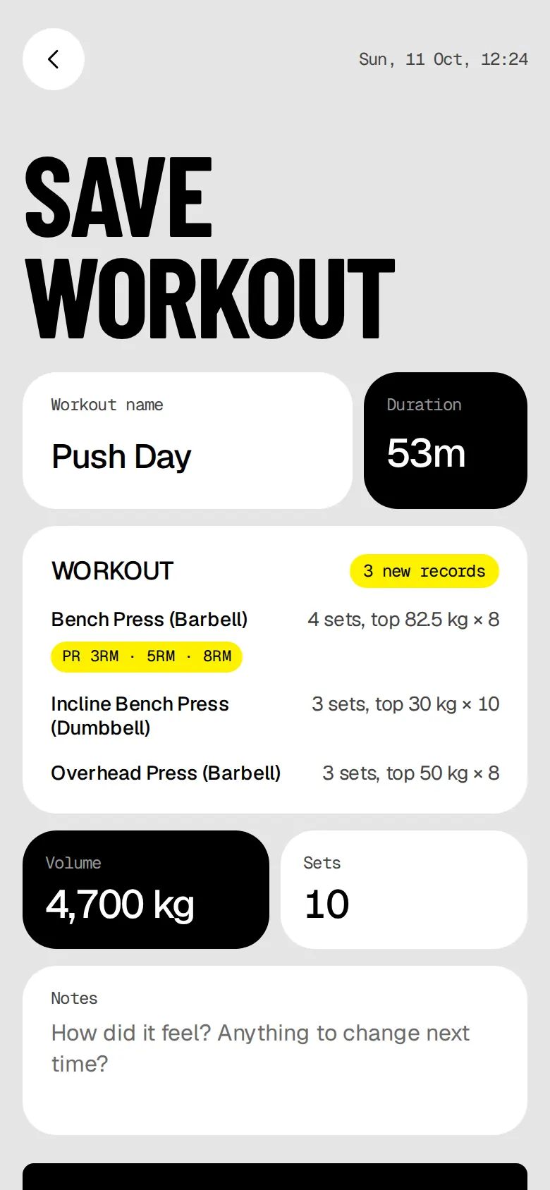 The Save workout screen: Push Day, 53 minutes, 3 new records, with PR 3RM, 5RM and 8RM on the bench press.