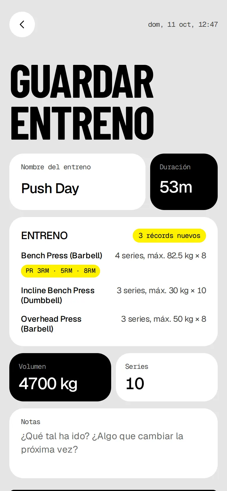 La pantalla para guardar el entreno: Push Day, 53 minutos, 3 récords nuevos, con PR de 3RM, 5RM y 8RM en press banca.