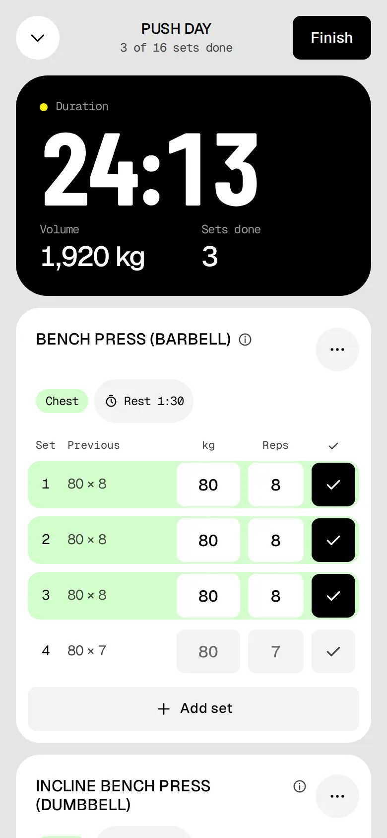 A Push Day workout in progress, with three bench press sets done.