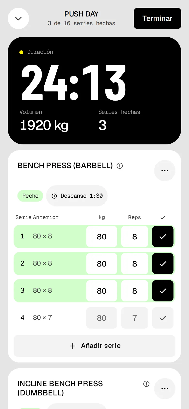 Un entreno de Push Day en marcha, con tres series de press banca hechas.
